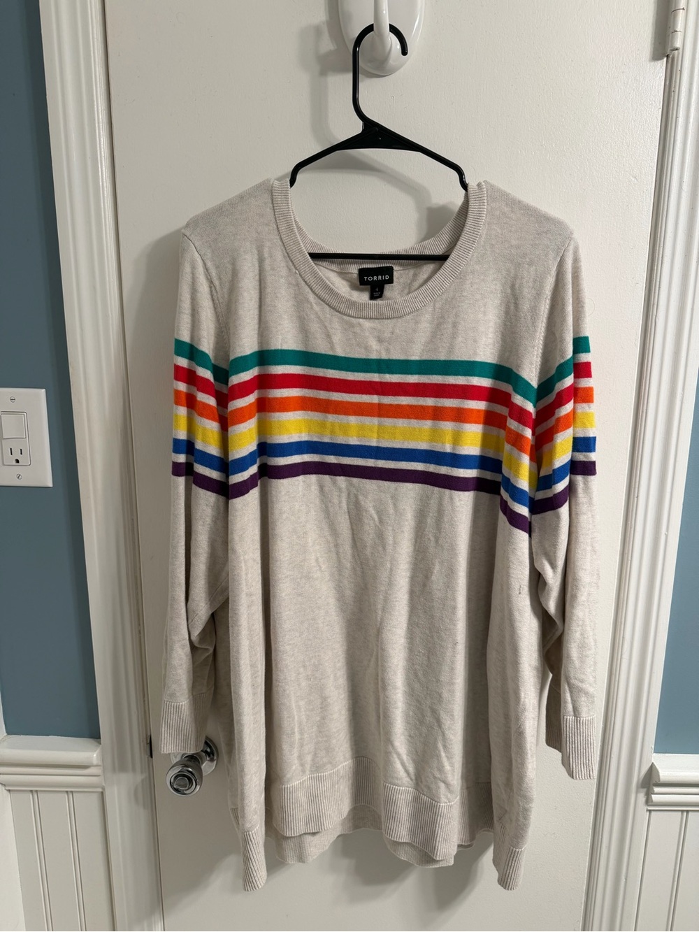 Torrid Gray Crewneck Sweater with Rainbow Multicolor Stripes